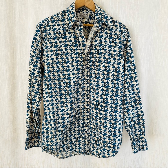 Lucky Brand peace sign ☮️ all over print cotton button down shirt - Picture 2 of 10